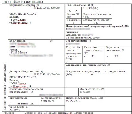Зразок перекладу польської експортної декларації на російську мову